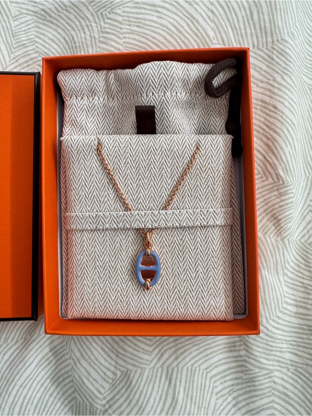 Hermes Rose Gold Chain Necklace with Light Blue Enamel Pendant